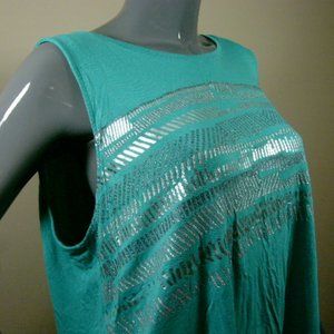 Apt.9 Womens Blouse Size XL Blue Green Sleeveless Silver Metallic Scoop Neck